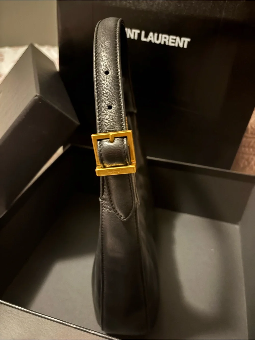 Saint Laurent Black Leather Hobo Bag with Gold YSL Emblem